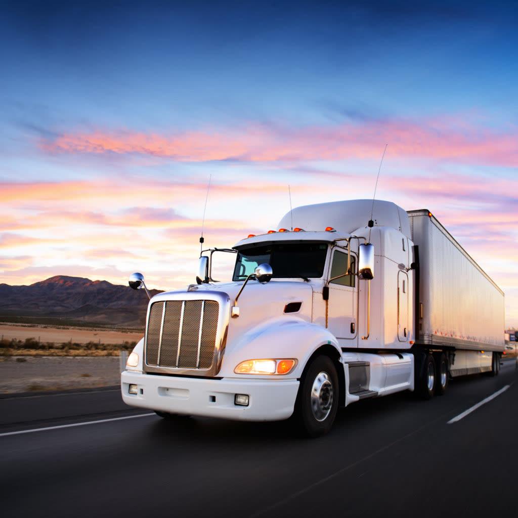 Dacha tractor pulling a dry van trailer on a highway at sunset